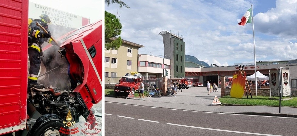 Foto Vvf Riva del Garda Le fiamme si sprigionano dal vano motore del camion: sul posto intervengono i vigili del fuoco